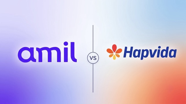 Logotipos da Amil e da Hapvida lado a lado, separados por "VS", ilustrando o comparativo entre as duas operadoras de plano de saúde.