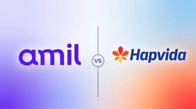 Logotipos da Amil e da Hapvida lado a lado, separados por "VS", ilustrando o comparativo entre as duas operadoras de plano de saúde.