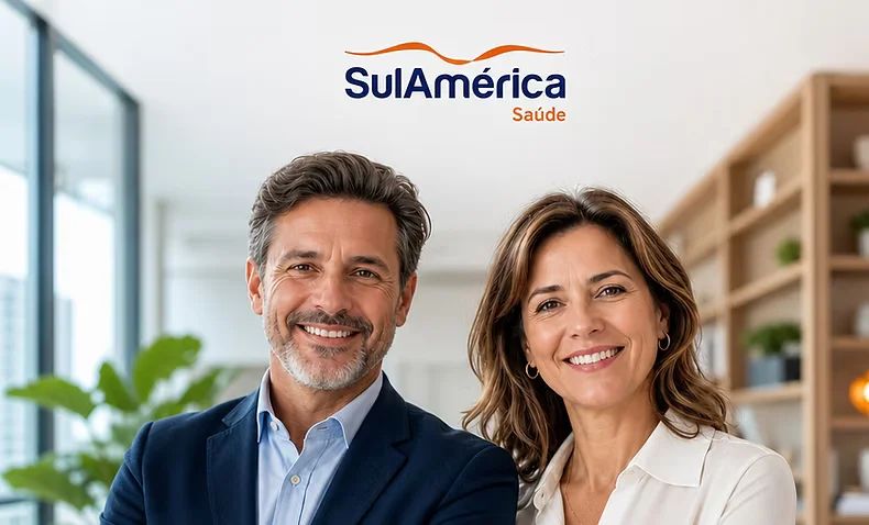 duas pessoas lado a lado e a logo da sulámerica
